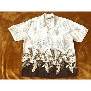 Hawaiian Men's XL Linen Blend Shirt Ivory Brown Tropical Leaves Cubavera